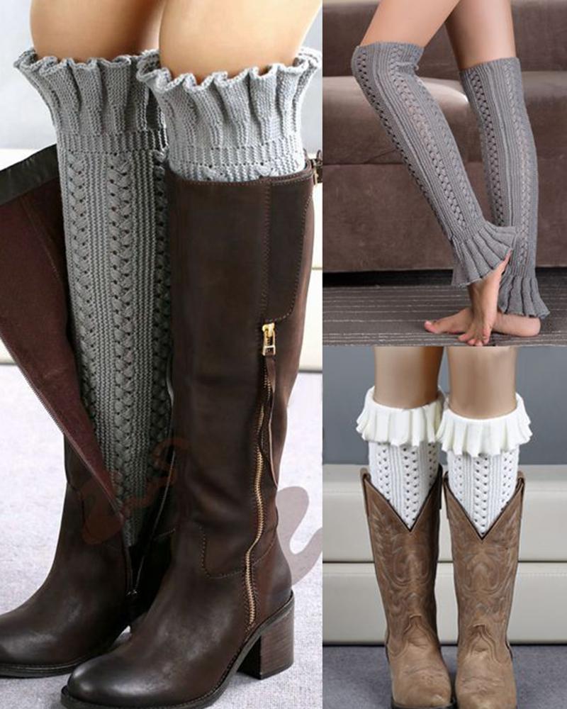 

Hollow Out Frill Hem Knee-High Leg Warmers, Light gray