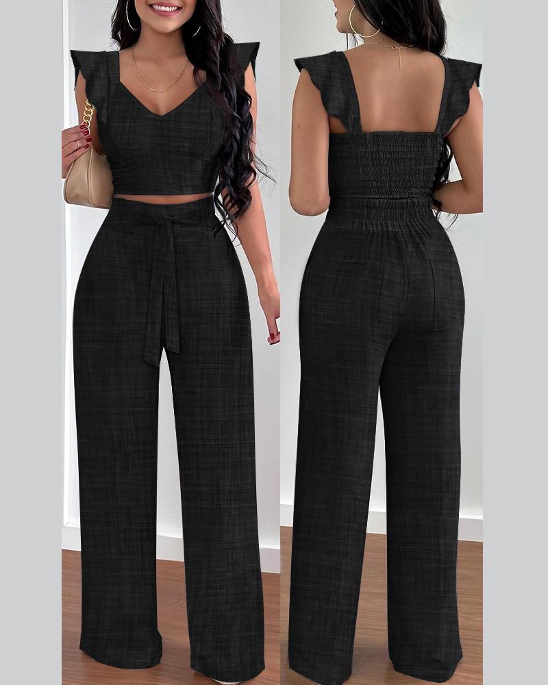 

Ruffle Hem Shirred Crop Top & High Waist Pants Set, Black