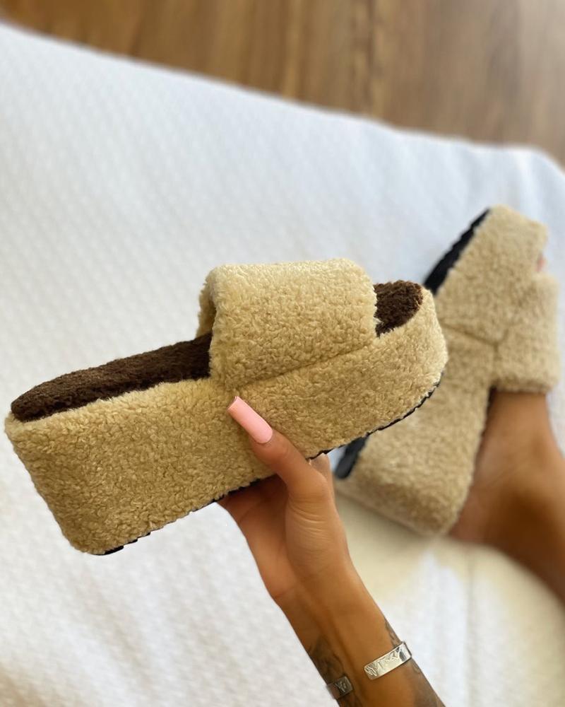 

Fuzzy Open Toe Wedge Slip-on Slippers, Beige