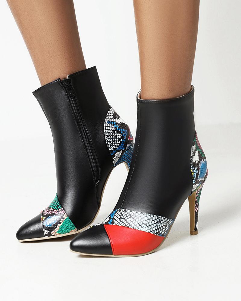 

Point Toe Cross Strap Color Block High Heel Boots, Black