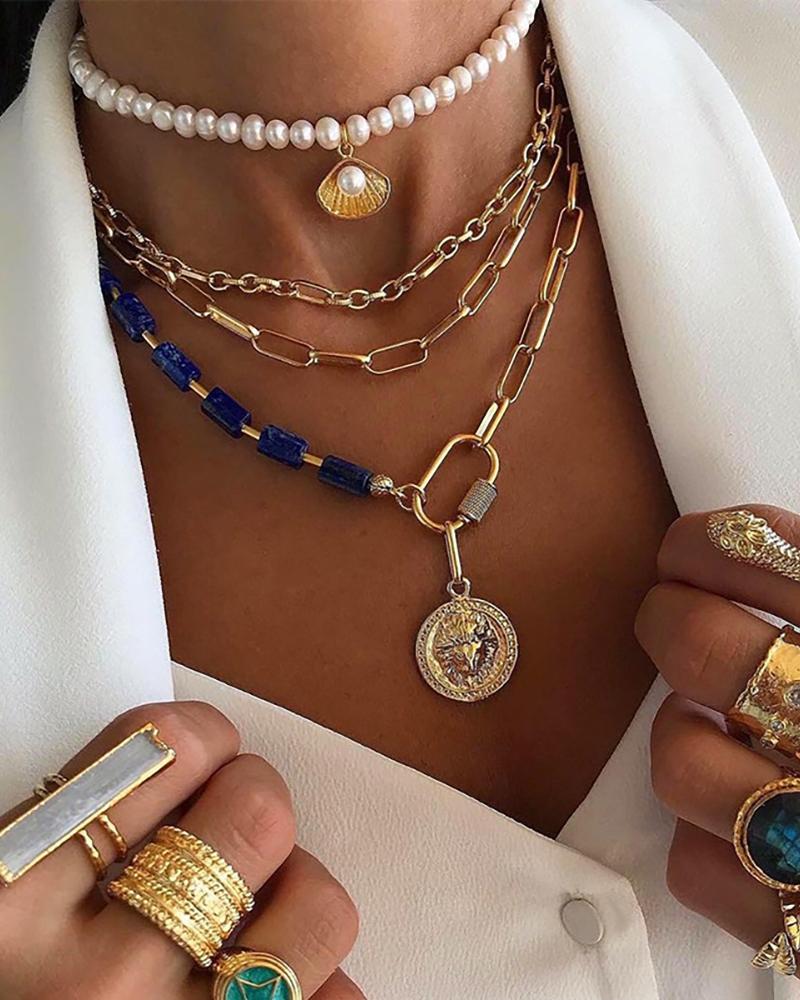 

Metal & Shell Pattern Beaded Chain Layered Necklace, Gold