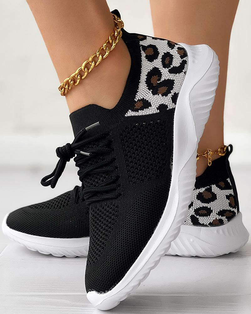 

Leopard Lace-up Breathable Casual Sneakers, Black