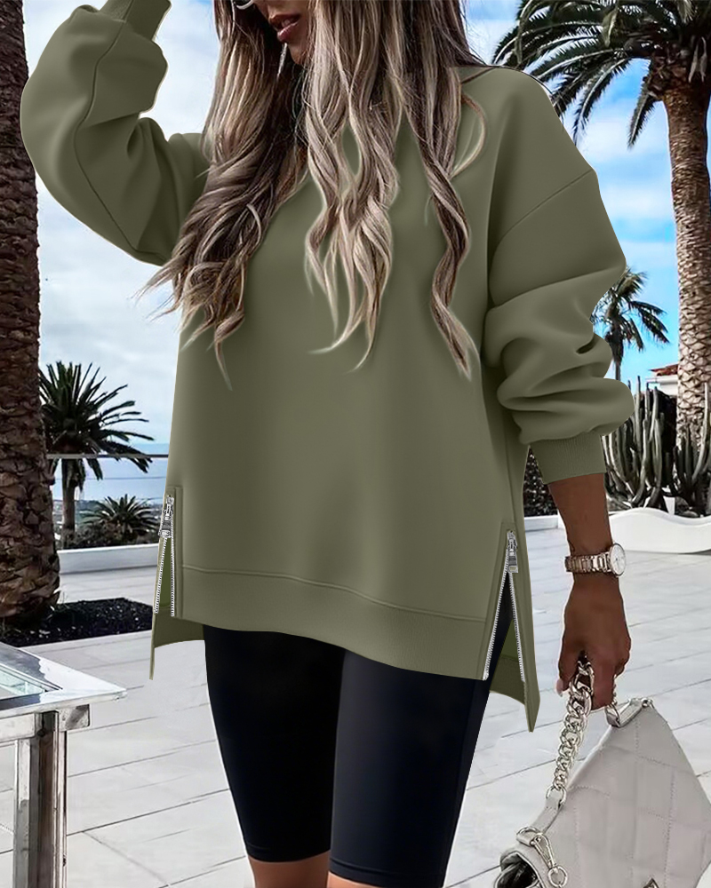 

Sudadera informal con cuello redondo, hombros caídos, manga larga, cremallera y abertura lateral, dobladillo alto-bajo, Army green