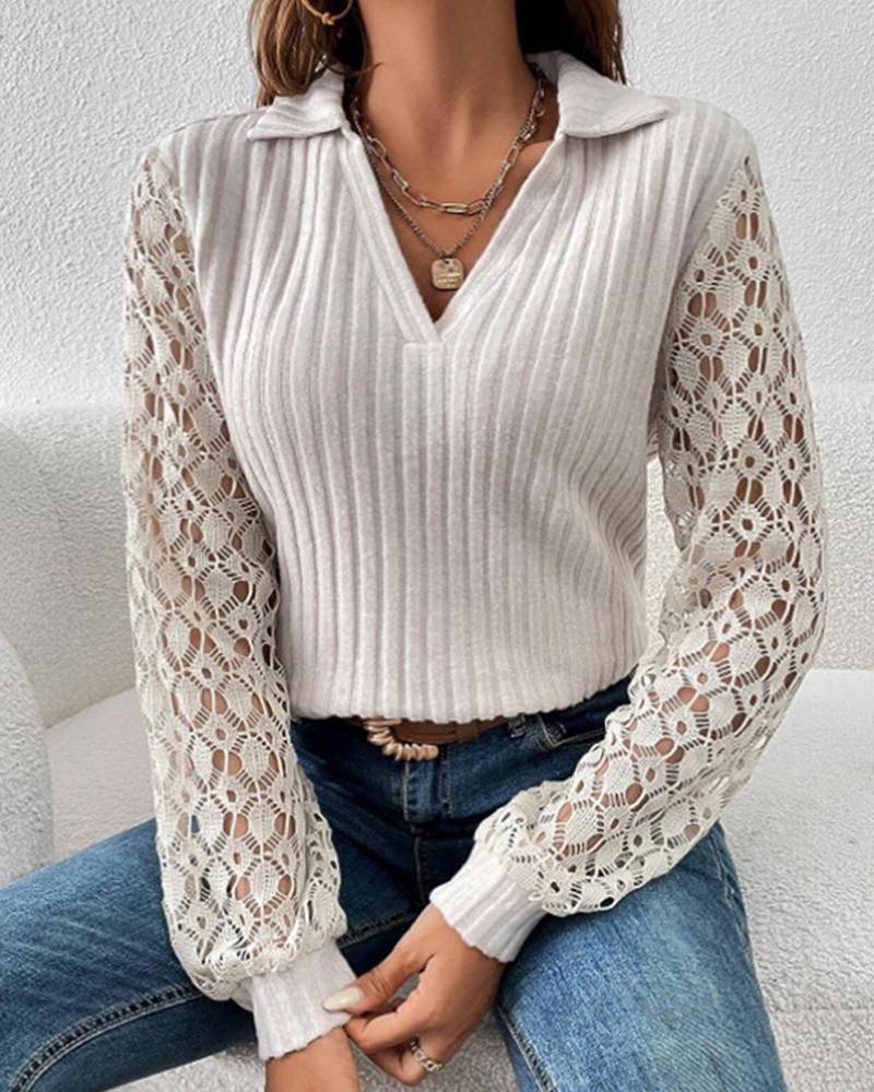 Turn-down Collar Contrast Lace Top