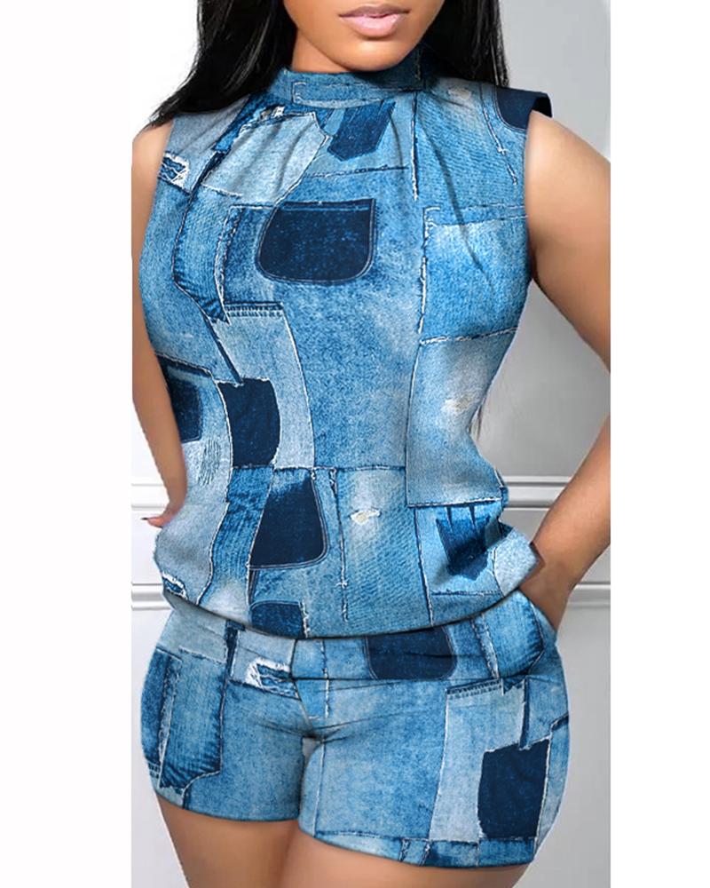 

Plus Size Denim Look Print Tank Top & Shorts Set, Blue