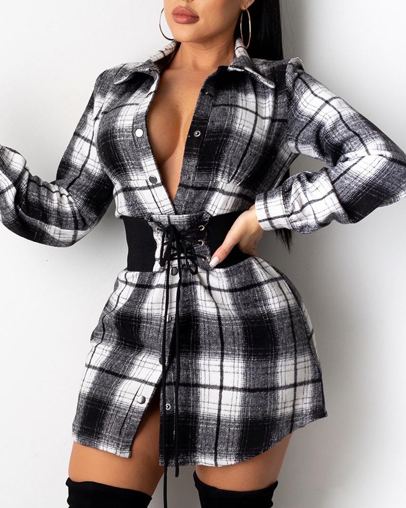 

Plaid Print Eyelet Lace Up Shirt Dress, Gray