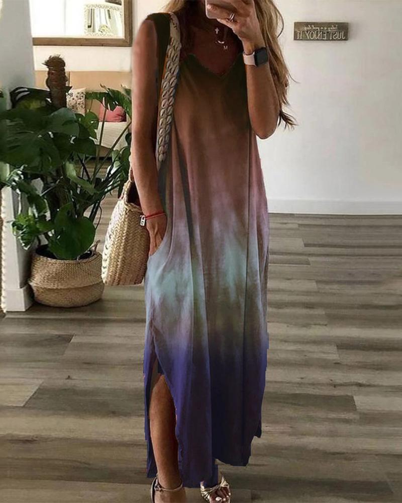 

Tie Dye Print Pocket Design Split Hem Casual Dress, Red