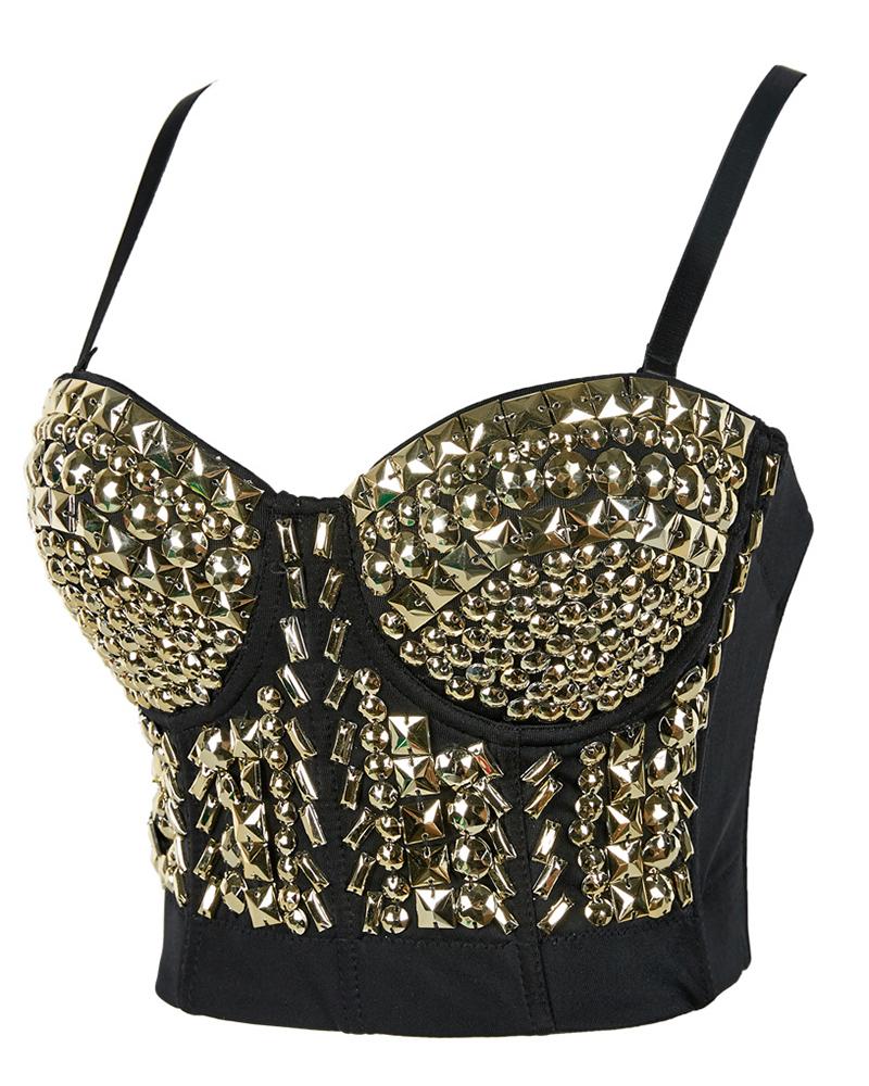 

Geometric Sequin Removable Strap Crop Corset Top, Gold
