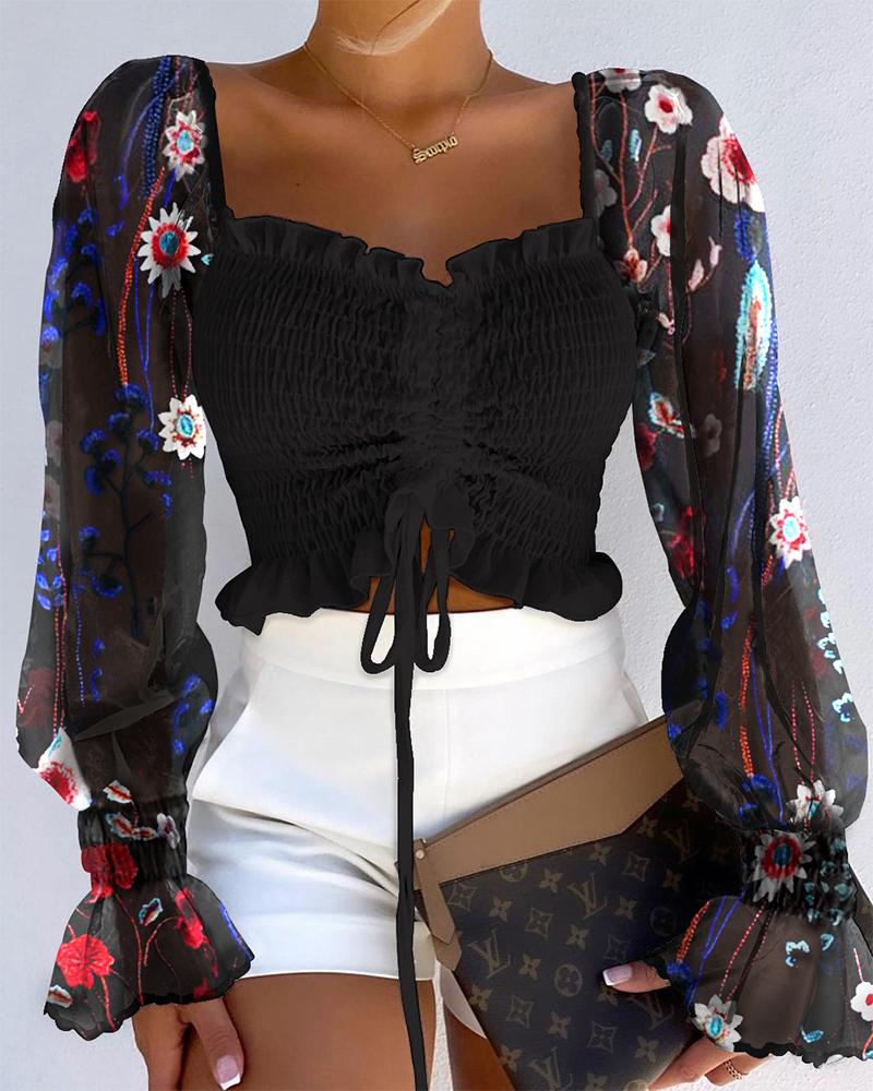 

Floral Embroidery Mesh Bell Sleeve Shirred Crop Top, Black