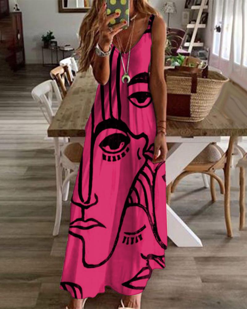 

Abstract Figure Print V-Neck Maxi Dress, Hot pink