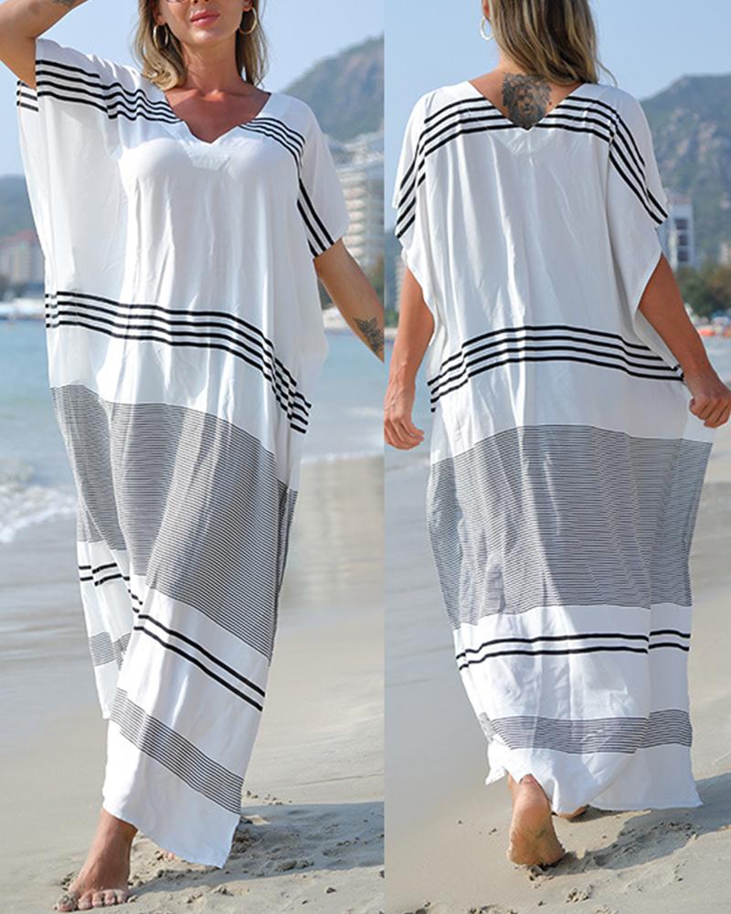 

Striped V-Neck Beach Cover Up Dress, White