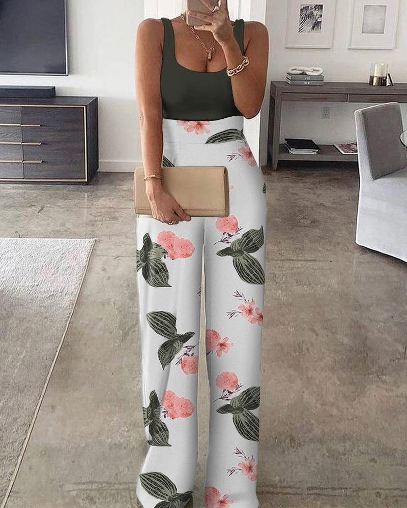 

U-Neck Tank Top & Floral Print Pants Set, White