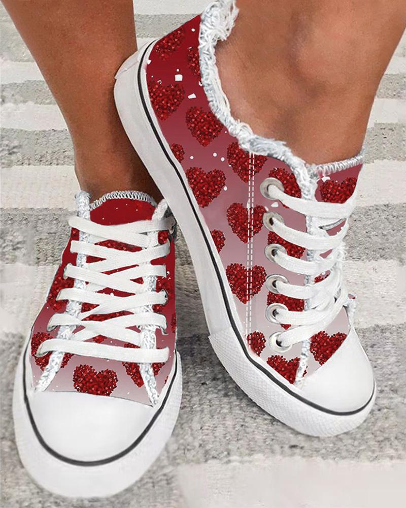 

Heart Print Fringe Hem Lace-up Canvas Sneakers, Red