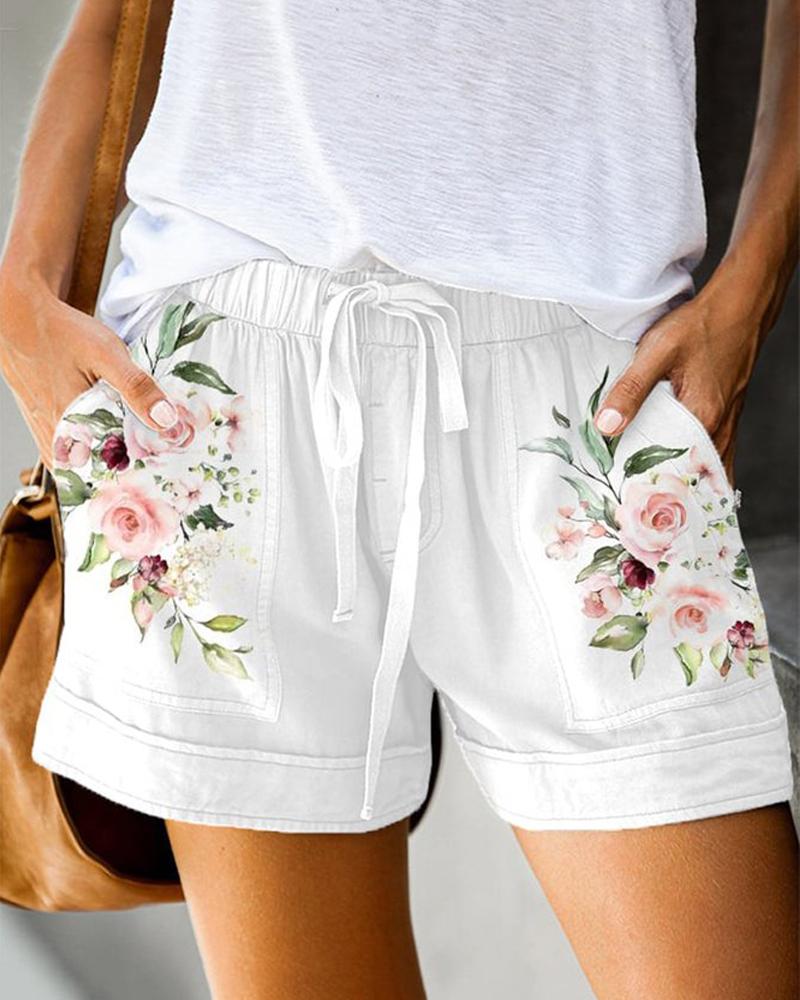 

Floral Print Pocket Design Drawstring Shorts, White