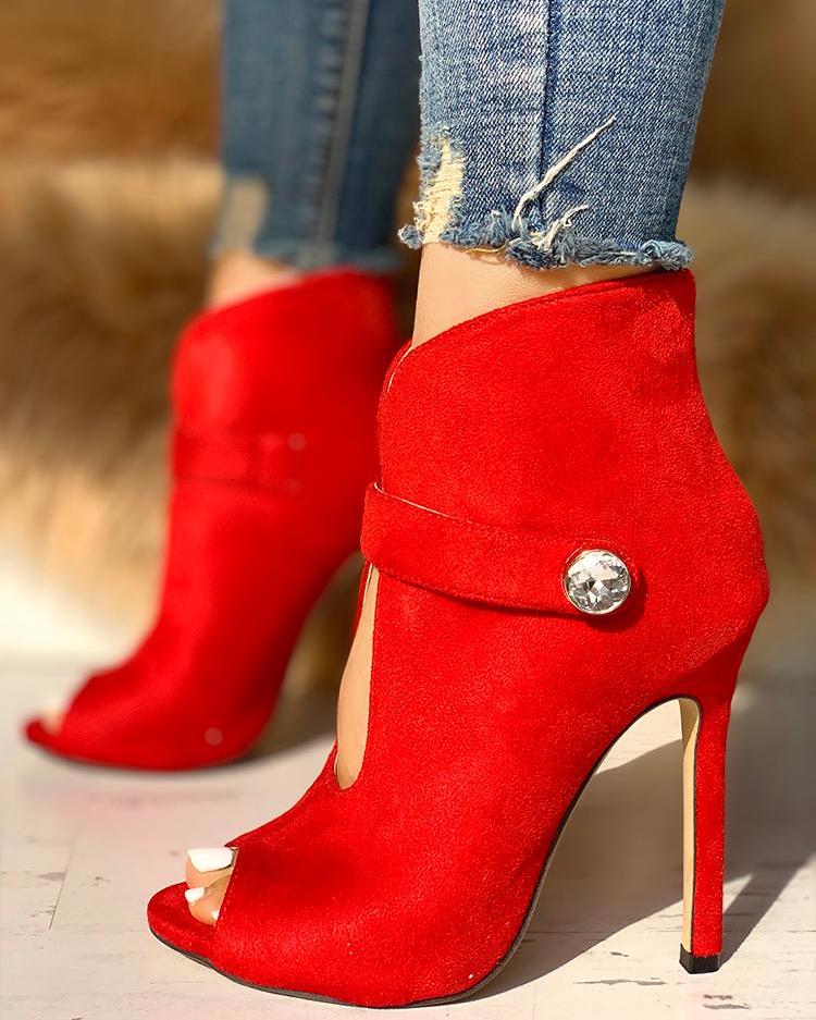 

Rhinestone Cutout Pointed Toe Ankle Boots, Red