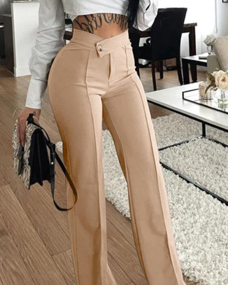 Plain Zip Fly High Waist Work Pants