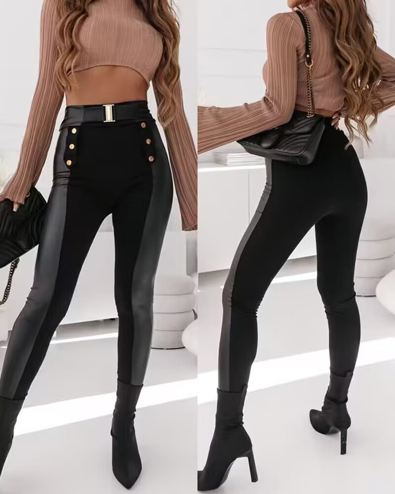 Pantalon taille haute boutonné en cuir PU