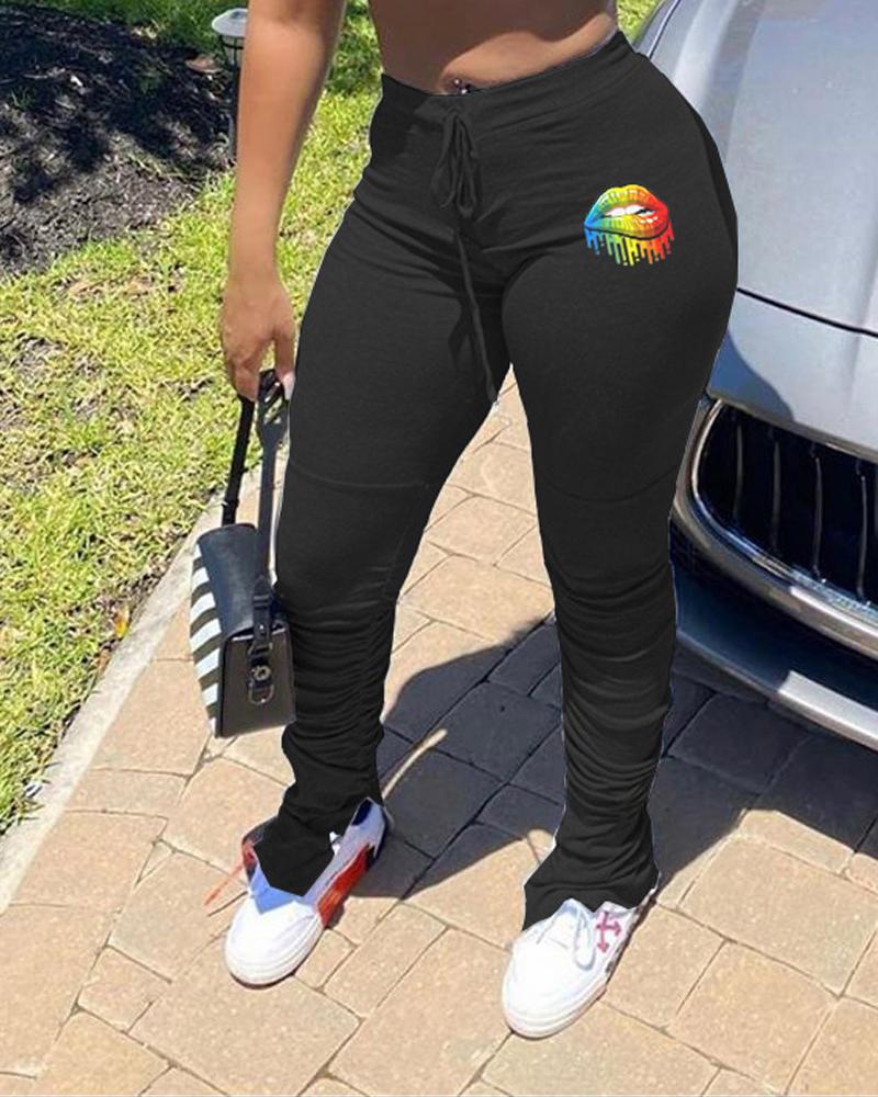 

Lip Print Drawstring Slit Skinny Pants, Black