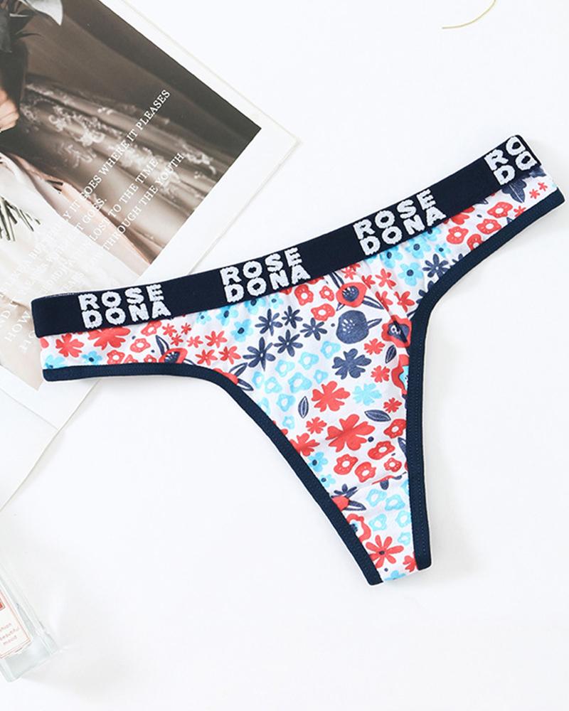 

Letter & Floral Print Low Waist Skinny Sexy Short Panties, Black