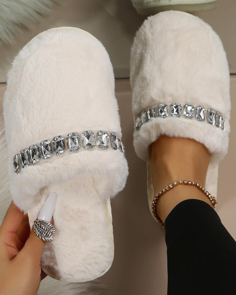 

Round Toe Crystal Gem Stone Fuzzy Slippers, Silver