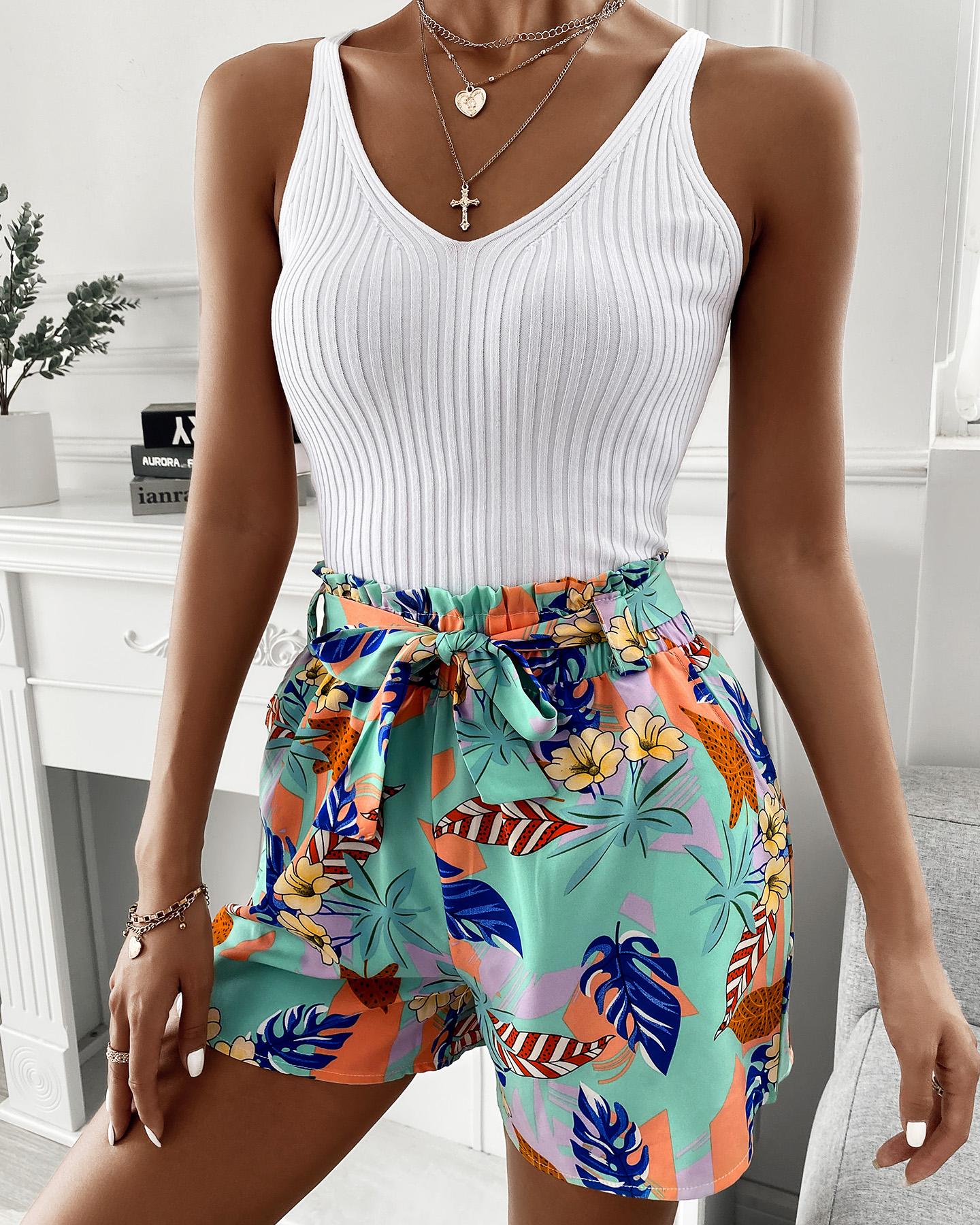

Tropical Print High Waist Frill Hem Shorts, Style1
