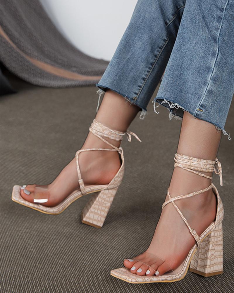 

Striped Strappy High Heel Sandals, Apricot