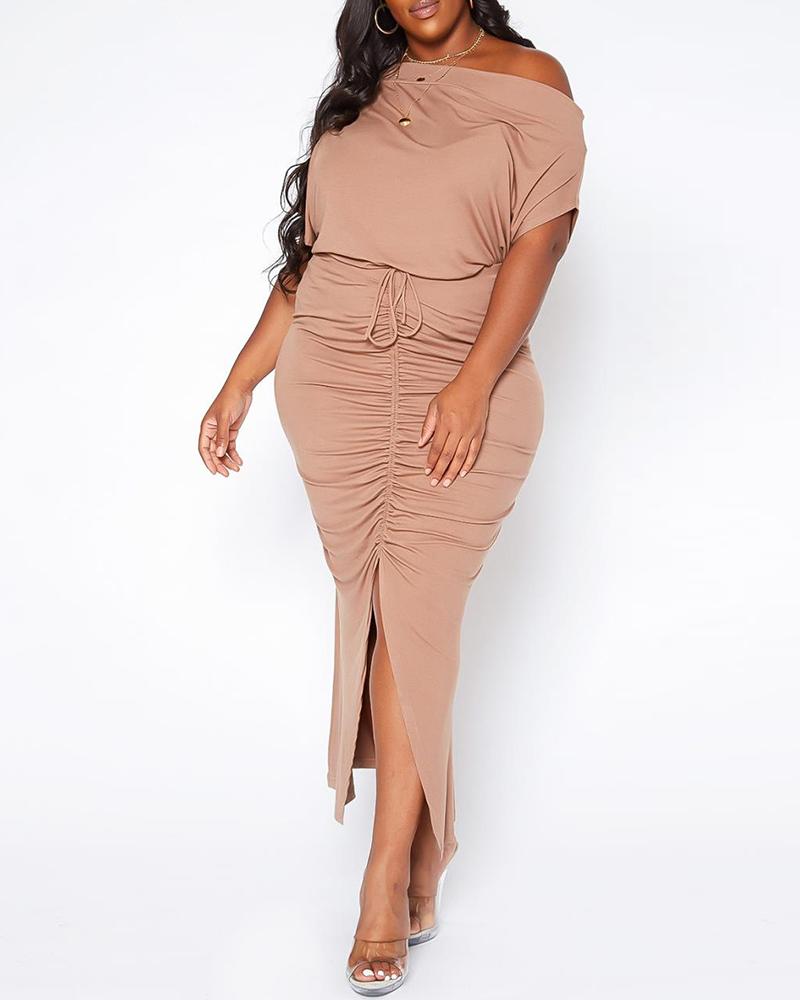 

Plus Size One Shoulder Top & Drawstring Slit Skirt Set, Khaki