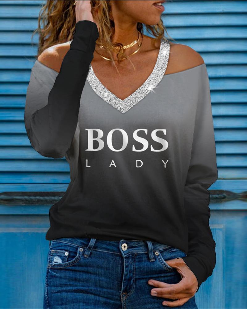 

Long Sleeve Top V Neck Letter Print Top, Black