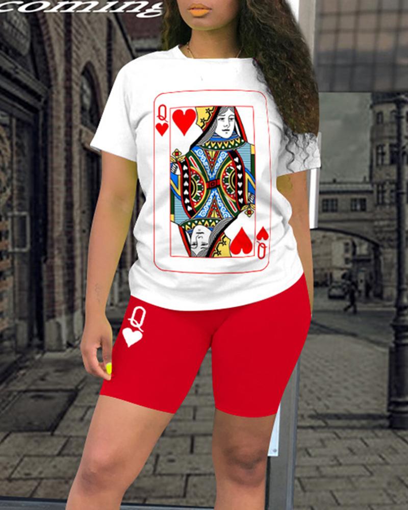 

Plus Size Poker Print Casual Top & Shorts Set, Red