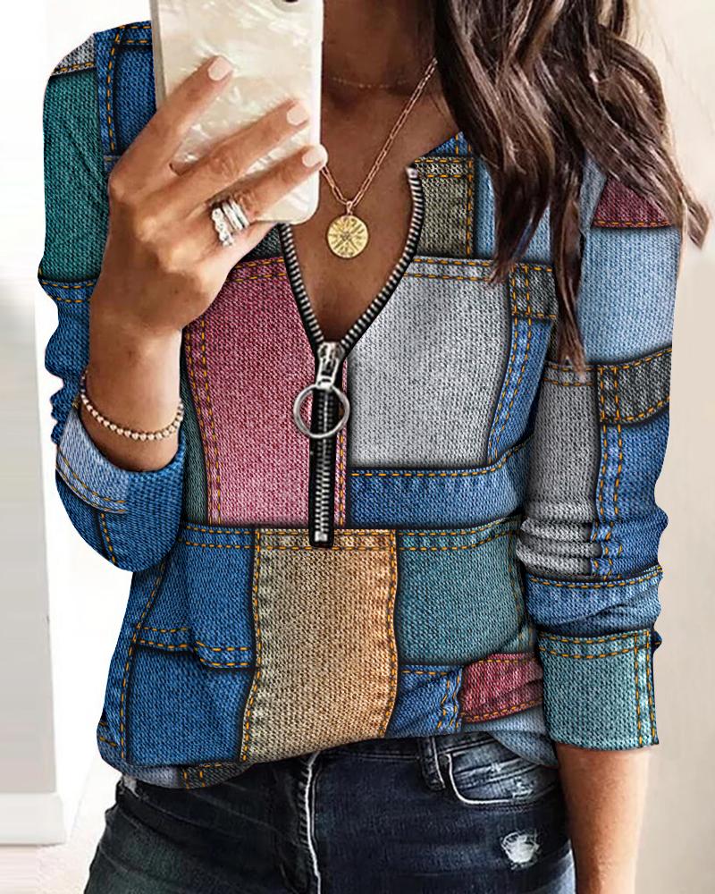 

Denim Look Print Zip Front Long Sleeve Top, Multicolor