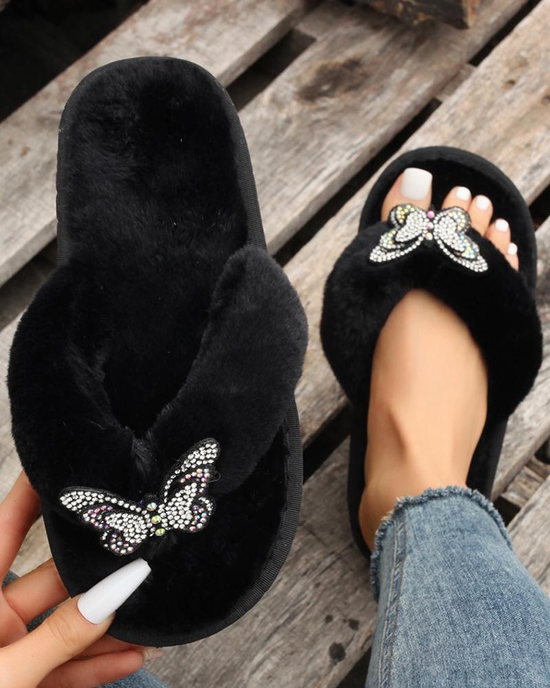 

Rhinestone Butterfly Pattern Toe Post Flip Flops, Black