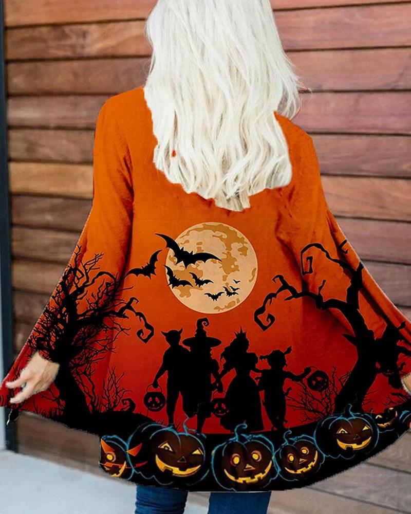

Halloween Graphic Pumpkin Print Long Sleeve Coat, Orange