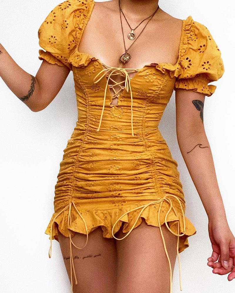 

Eyelet Embroidery Drawstring Ruched Puff Sleeve Dress, Yellow