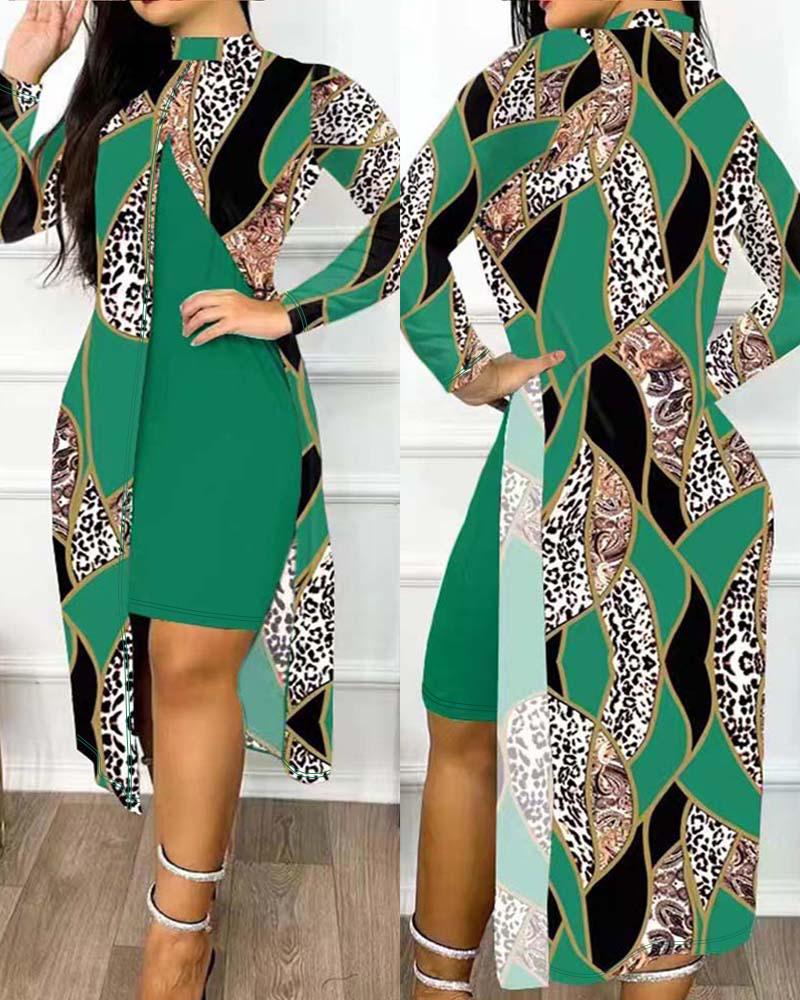 

Baroque Leopard Print Patchwork Slit Casual Dress, Green