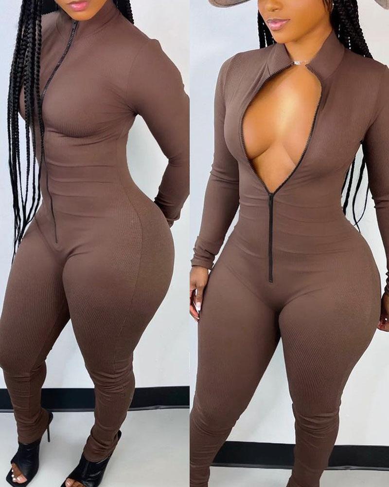 

Long Sleeve Zip Front Chocolate Skinny Jumpsuit