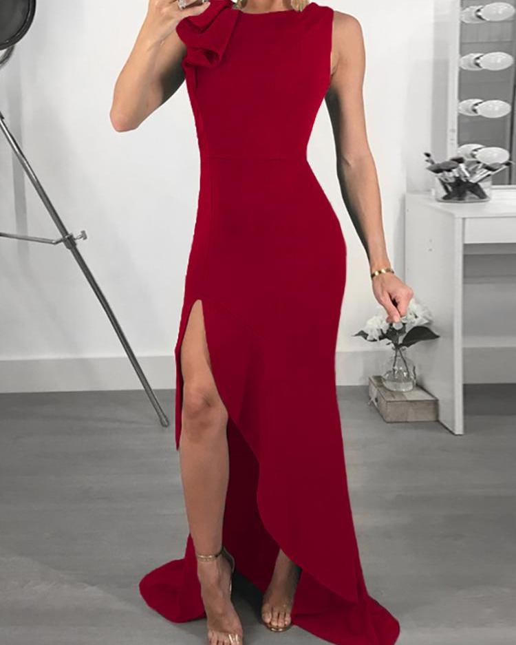 

Solid Ruffles Thigh Slit Irregular Maxi Dress, Red