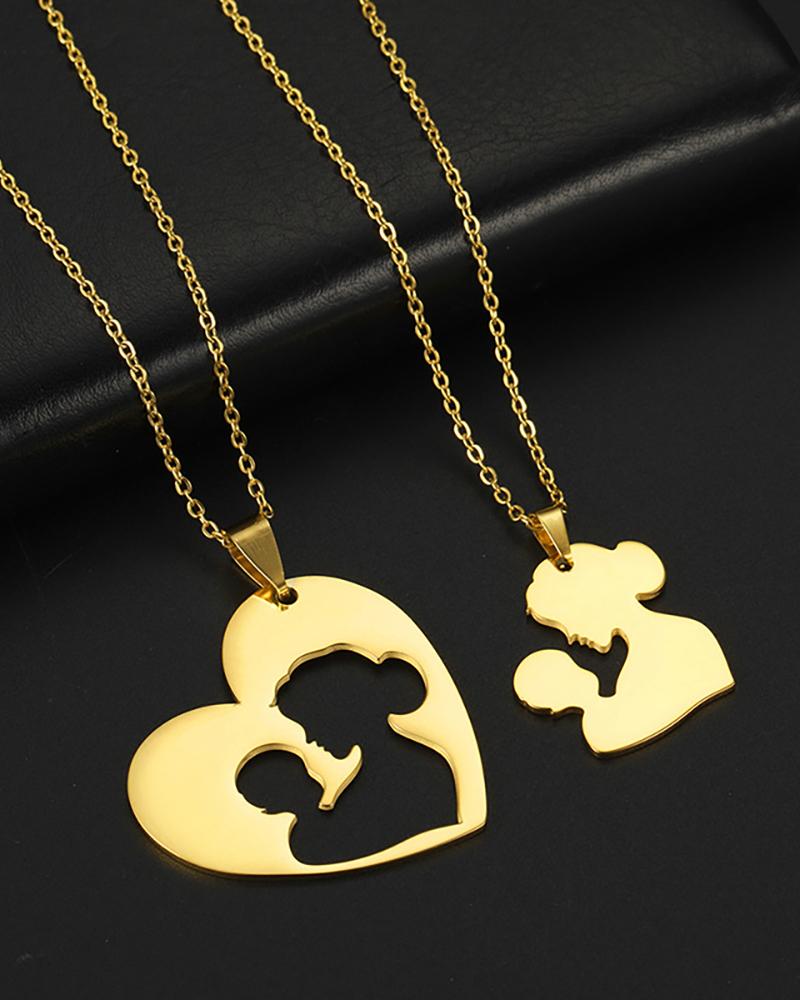 

2PCS Mother's Day Mother & Child Love Heart Chain Pendant Necklace, Gold