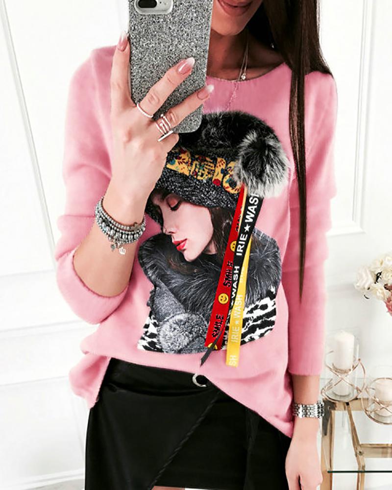 

Round Neck Long Sleeve Figure Print Blouse, Pink