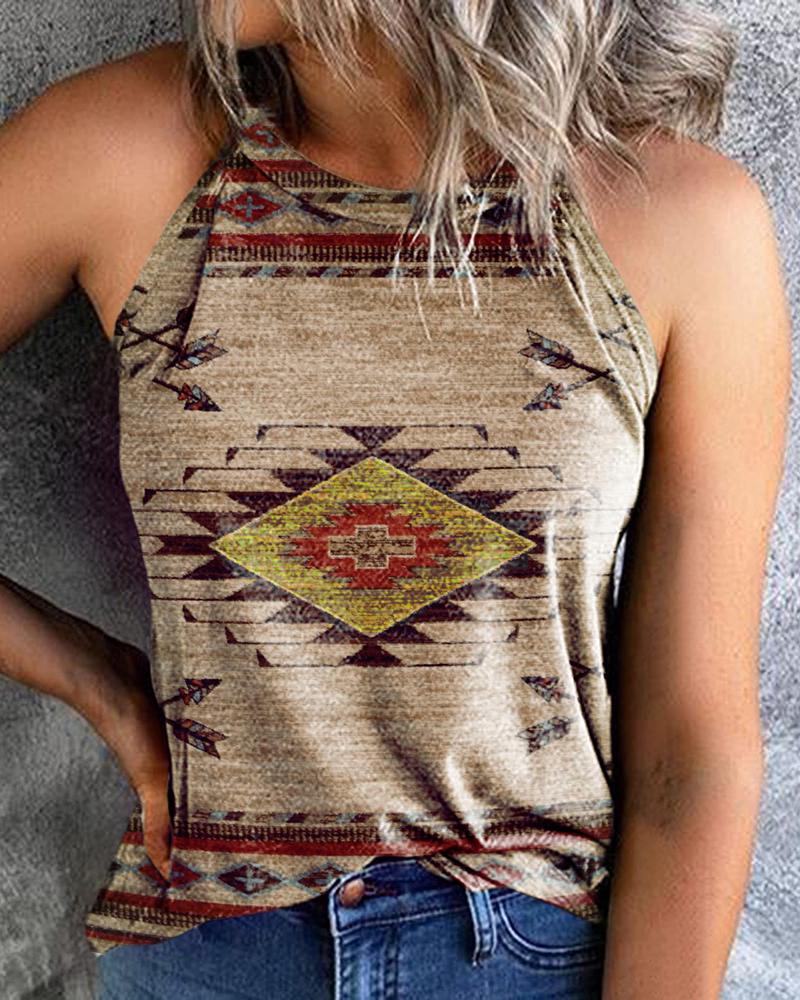 

Aztec Geometric Print Round Neck Casual Summer Tank Top, Coffee
