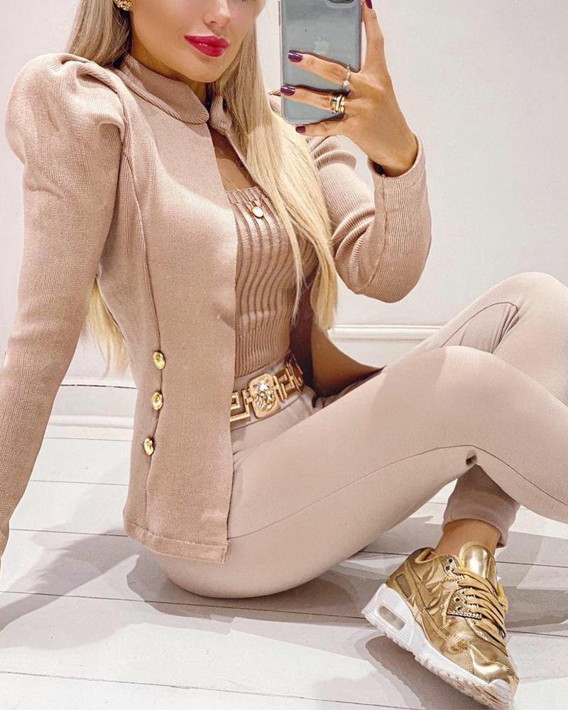 

Double Breasted Puff Sleeve Coat & Skinny Pants Set, Khaki