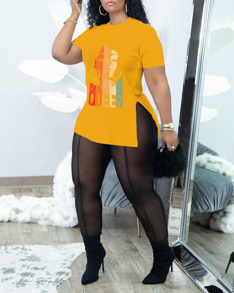 

Plus Size Figure Print Split Hem Top & Sheer Mesh Pants Set, Yellow