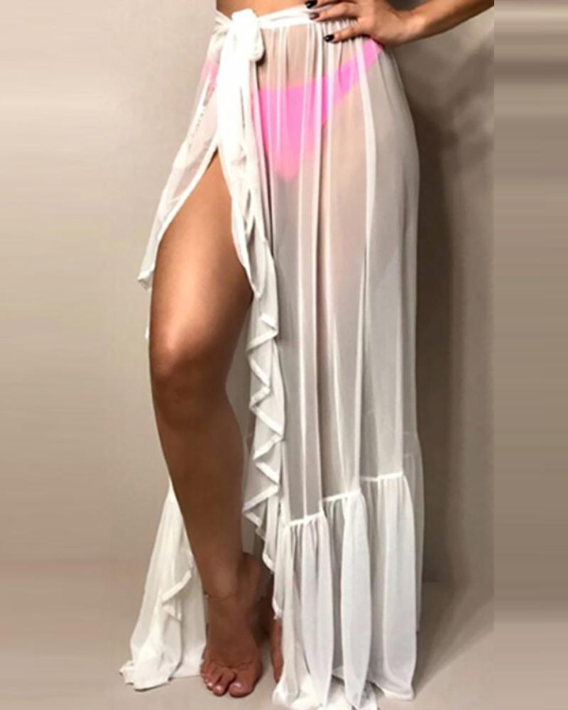 

Ruffles Sheer Mesh Beach Bikini Cover Ups Vacation Sunscreen Wrap Split Skirt, Style3