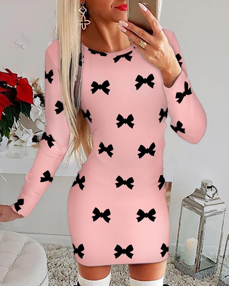 

Bowknot Print Long Sleeve Bodycon Dress, Pink