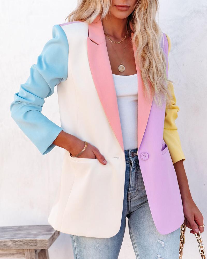 

Colorblock Long Sleeve Pocket Design Blazer Coat, Multicolor