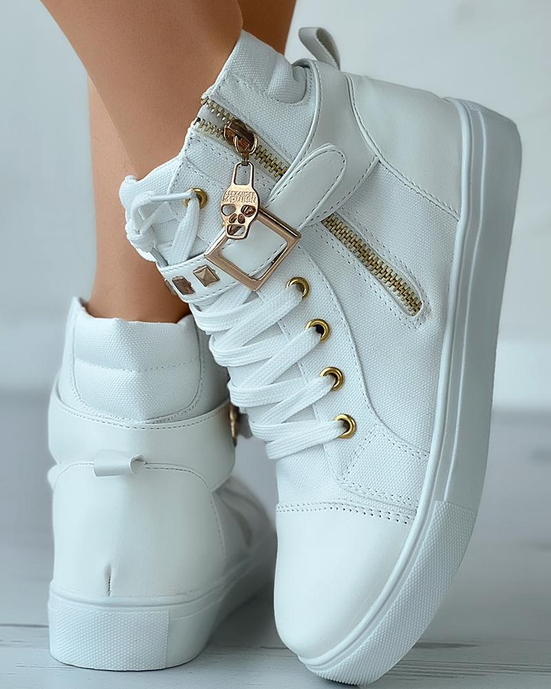 

Eyelet Lace-up Studded High Top Canvas Shoes, White