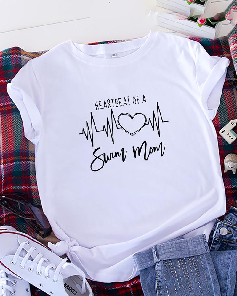 

Letter Heart Print Short Sleeve T-shirt, White