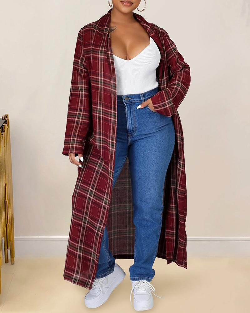 

Plaid Print Long Sleeve Open Front Maxi Dress, Red