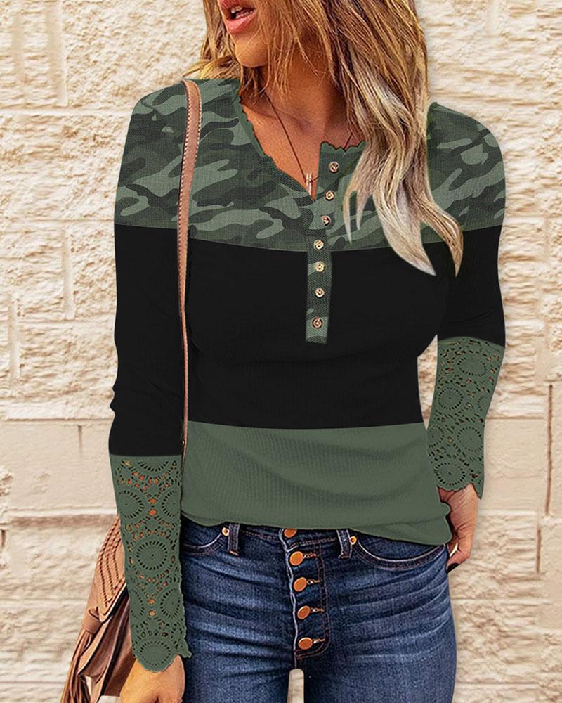 

Camo Print Colorblock Contrast Lace Long Sleeve Top, Green