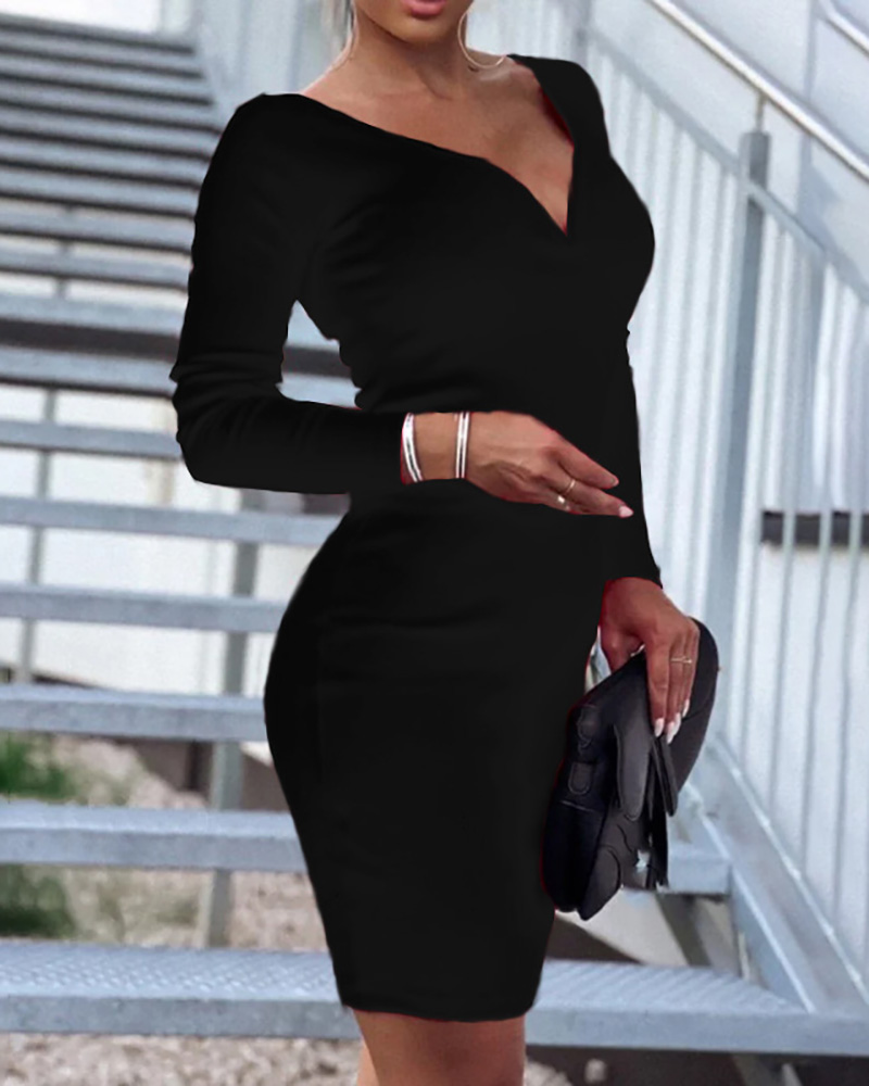 

Plunge Long Sleeve Bodycon Dress, Black