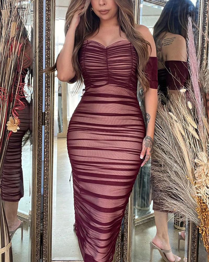 

Off Shoulder Sheer Mesh Overlay Ruched Bodycon Dress, Wine red